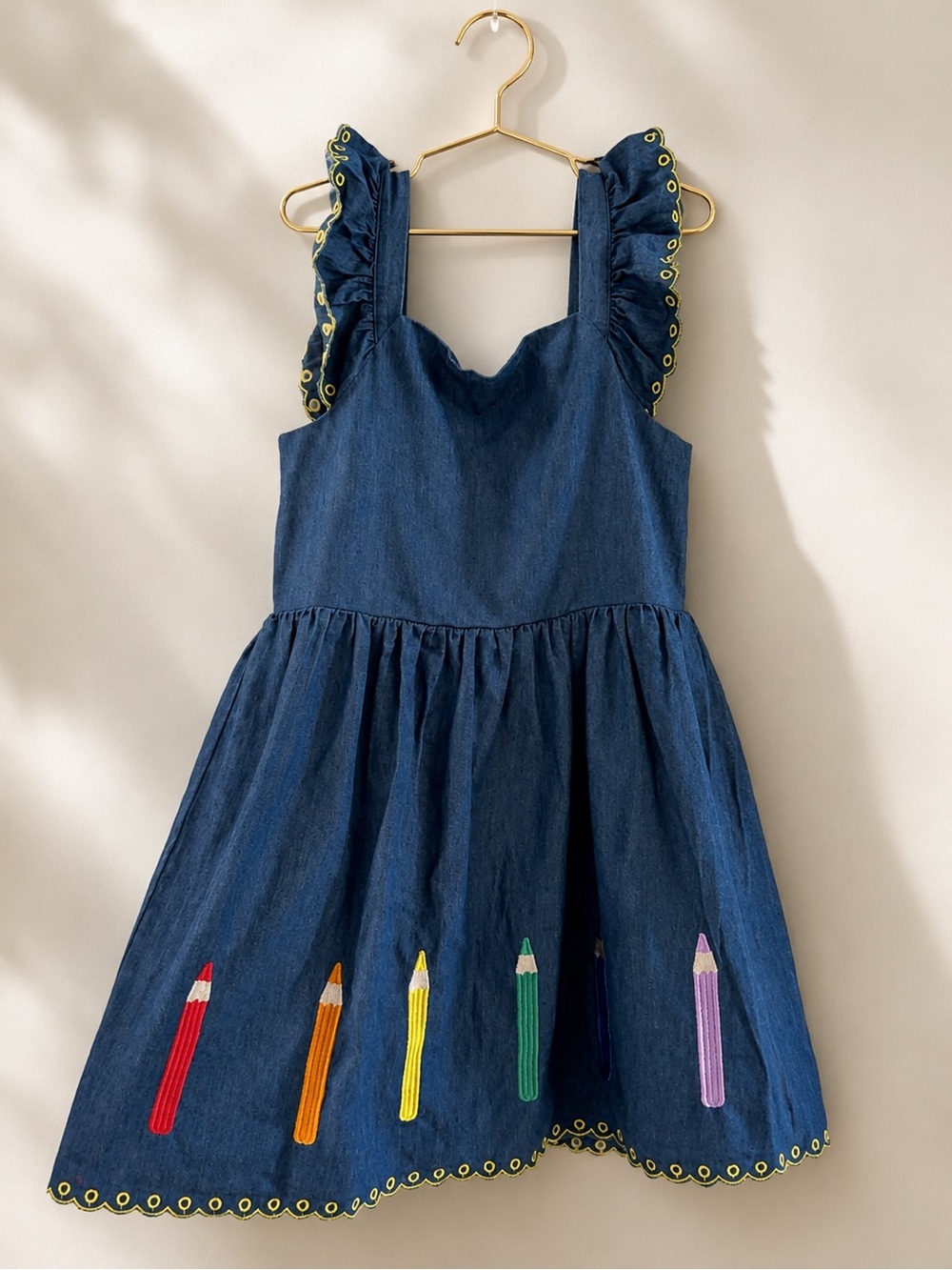 Mia Belle Girls Pencil Me Pretty Embroidered Denim Back-to-School Dress 10/12